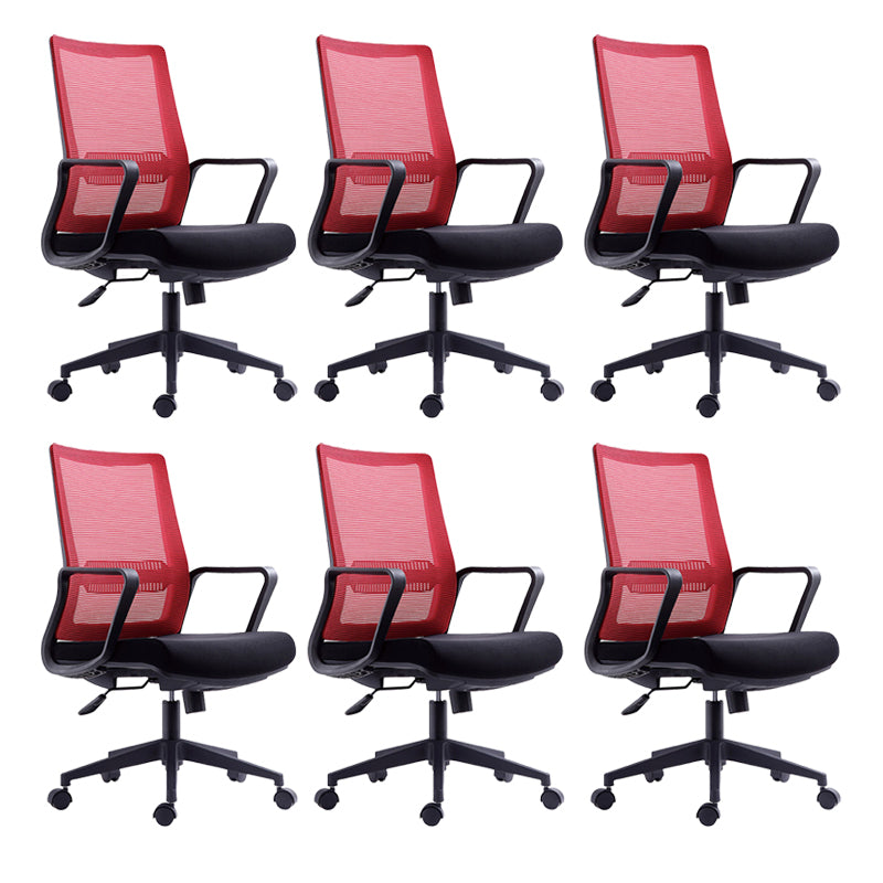Contemporary Arm Chair Fixed Arms Mid-back Breathable Air Grid Office Chair Red Casters 6 Piece Set Clearhalo 'furn' 'furn_office_chair' 'Furniture' 'Office Chairs' 'Office Furniture' 'office_chair' 6227671