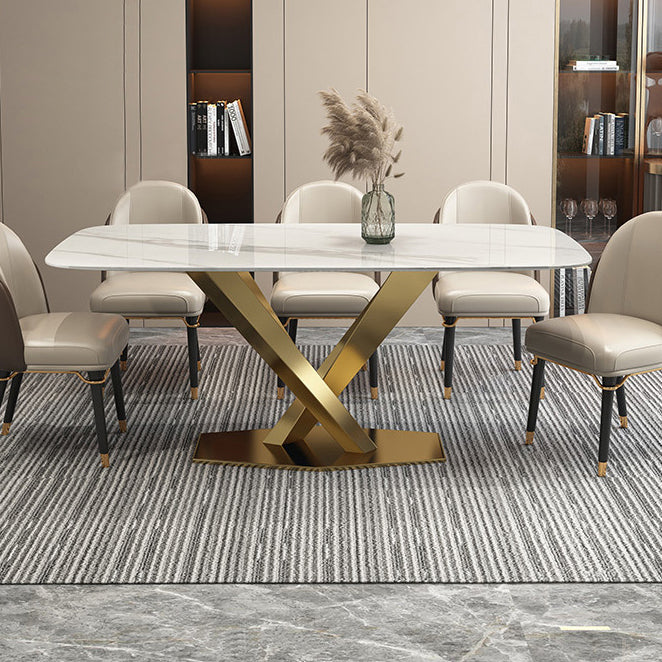 Traditional Luxury Pedestal Table Stainless Steel Base Rectangle Dinner Table for Home Clearhalo 'Dining Tables & Seating' 'Dining Tables' 'dining_table' 'furn' 'furn_dining_table' 'Furniture' 'Kitchen & Dining Furniture' 6229505
