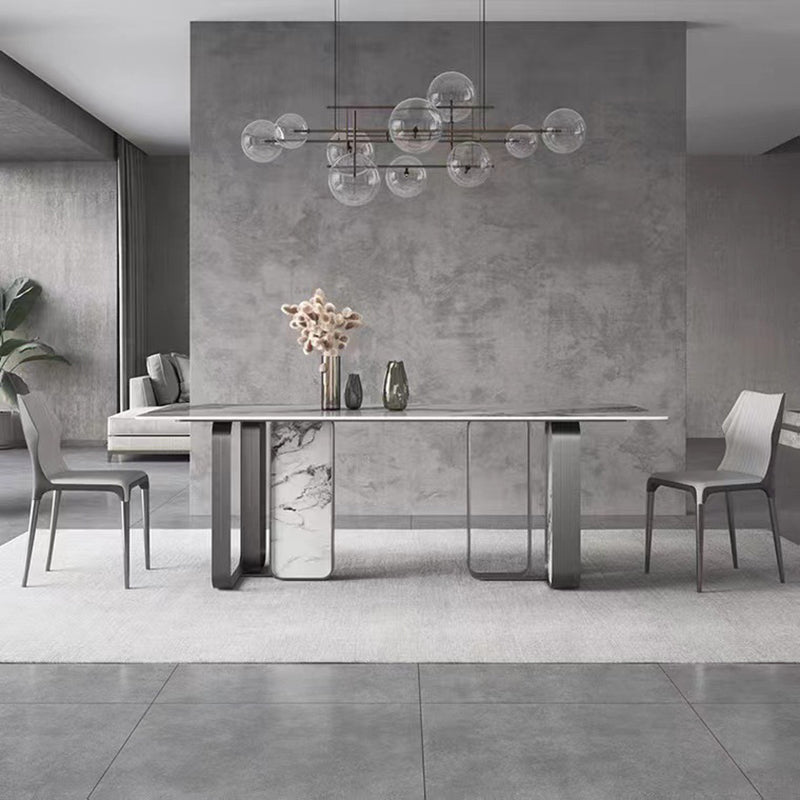 Traditional Luxury Double Pedestal Table Stainless Steel Base Rectangle Dinner Table Silver Without Chairs Clearhalo 'Dining Tables & Seating' 'Dining Tables' 'dining_table' 'furn' 'furn_dining_table' 'Furniture' 'Kitchen & Dining Furniture' 6229513