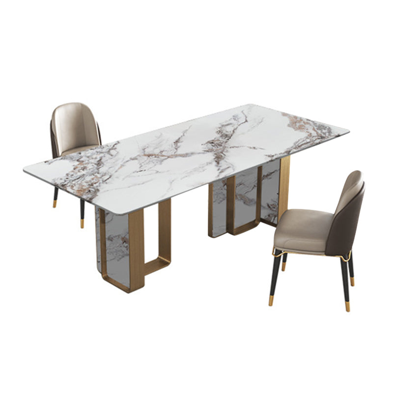 Traditional Luxury Double Pedestal Table Stainless Steel Base Rectangle Dinner Table Off-White Without Chairs Clearhalo 'Dining Tables & Seating' 'Dining Tables' 'dining_table' 'furn' 'furn_dining_table' 'Furniture' 'Kitchen & Dining Furniture' 6229514