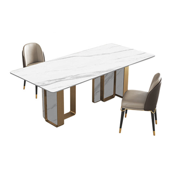Traditional Luxury Double Pedestal Table Stainless Steel Base Rectangle Dinner Table White Without Chairs Clearhalo 'Dining Tables & Seating' 'Dining Tables' 'dining_table' 'furn' 'furn_dining_table' 'Furniture' 'Kitchen & Dining Furniture' 6229516