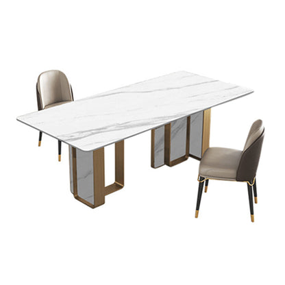 Traditional Luxury Double Pedestal Table Stainless Steel Base Rectangle Dinner Table White Without Chairs Clearhalo 'Dining Tables & Seating' 'Dining Tables' 'dining_table' 'furn' 'furn_dining_table' 'Furniture' 'Kitchen & Dining Furniture' 6229516