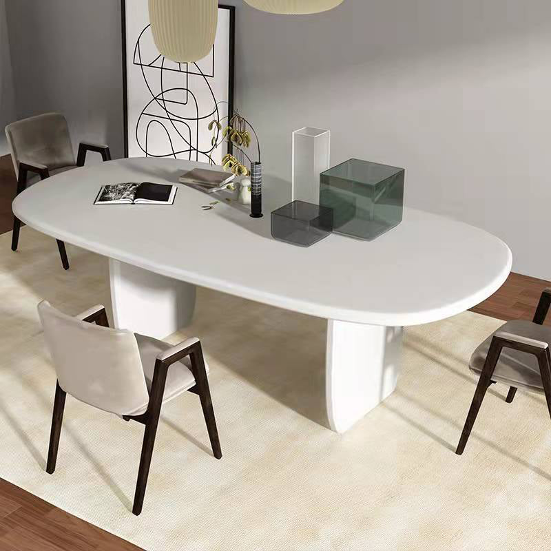 Modern Double Pedestal Table White Oval Dining Table for Home Kitchen 63"L x 31.5"W x 29.5"H Without Chairs Clearhalo 'Dining Tables & Seating' 'Dining Tables' 'dining_table' 'furn' 'furn_dining_table' 'Furniture' 'Kitchen & Dining Furniture' 6229563