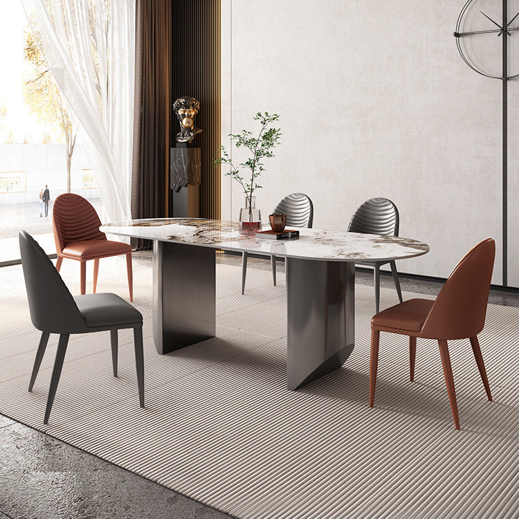 Luxury Sintered Stone Kitchen Home Fixed Double Pedestal Dining Table Oval 63"L x 31.5"W x 29.5"H Without Chairs Clearhalo 'Dining Tables & Seating' 'Dining Tables' 'dining_table' 'furn' 'furn_dining_table' 'Furniture' 'Kitchen & Dining Furniture' 6229774