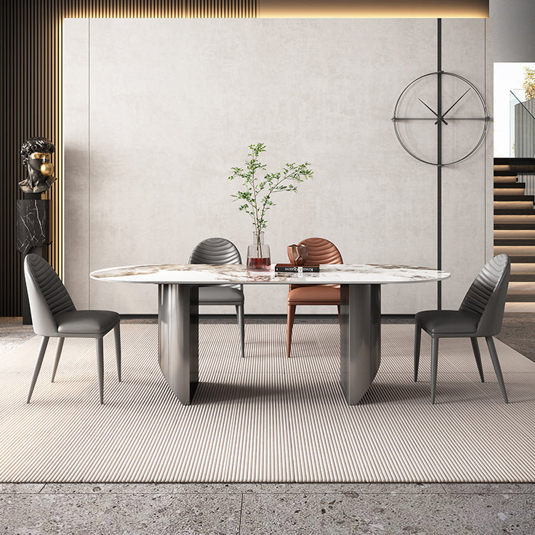 Luxury Sintered Stone Kitchen Home Fixed Double Pedestal Dining Table Oval 55.1"L x 31.5"W x 29.5"H Without Chairs Clearhalo 'Dining Tables & Seating' 'Dining Tables' 'dining_table' 'furn' 'furn_dining_table' 'Furniture' 'Kitchen & Dining Furniture' 6229775