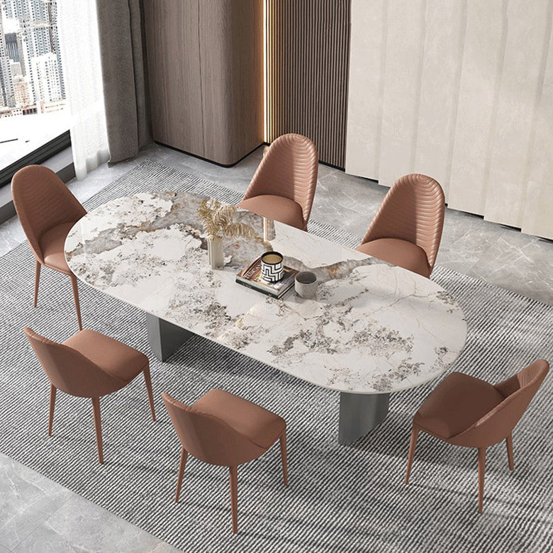 Luxury Sintered Stone Kitchen Home Fixed Double Pedestal Dining Table Clearhalo 'Dining Tables & Seating' 'Dining Tables' 'dining_table' 'furn' 'furn_dining_table' 'Furniture' 'Kitchen & Dining Furniture' 6229780