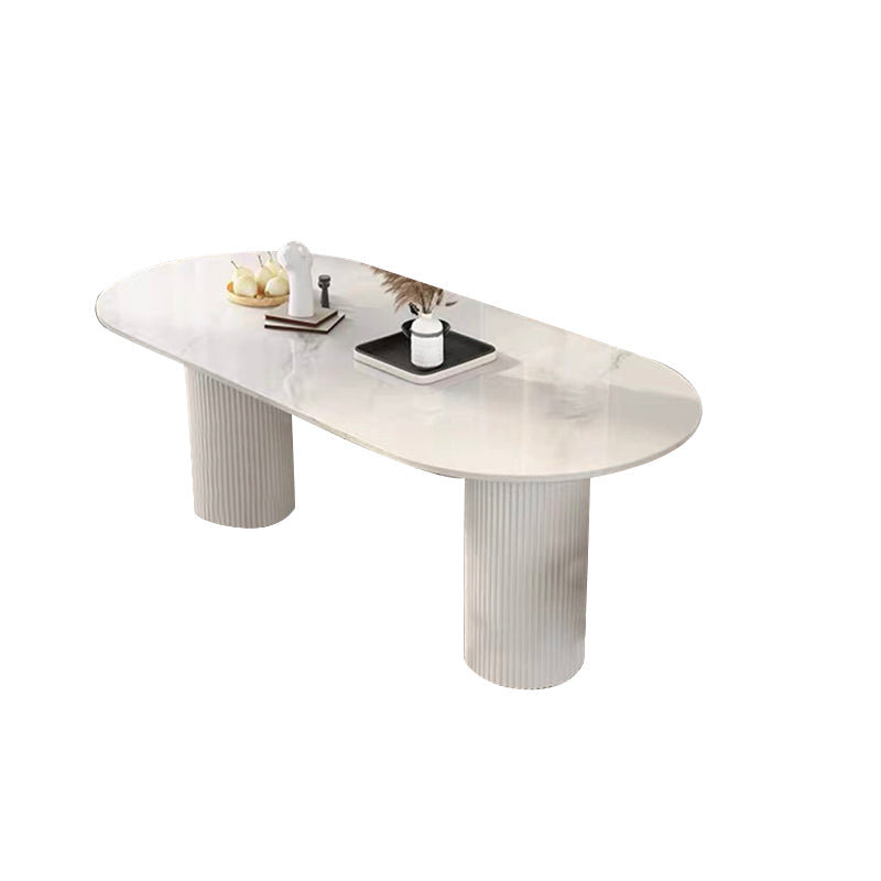 Luxury Oval Shape Kitchen Table Sintered Stone Double Pedestal Dining Table White Without Chairs Clearhalo 'Dining Tables & Seating' 'Dining Tables' 'dining_table' 'furn' 'furn_dining_table' 'Furniture' 'Kitchen & Dining Furniture' 6229857