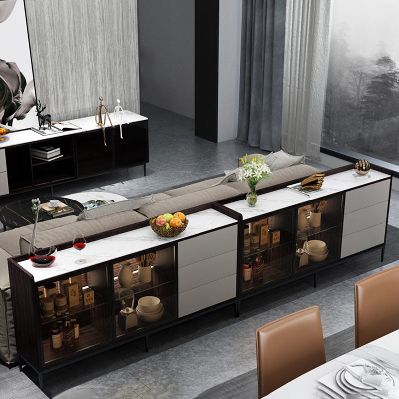 Glam Cabinets Buffet Stand 3 Drawers Glass Doors Buffet Sideboard Clearhalo 'buffet_sideboard' 'Buffets & Sideboards' 'furn' 'furn_buffet_sideboard' 'Furniture' 'Kitchen & Dining Furniture' 6231206