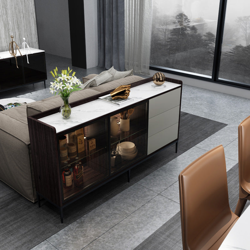 Glam Cabinets Buffet Stand 3 Drawers Glass Doors Buffet Sideboard Clearhalo 'buffet_sideboard' 'Buffets & Sideboards' 'furn' 'furn_buffet_sideboard' 'Furniture' 'Kitchen & Dining Furniture' 6231208