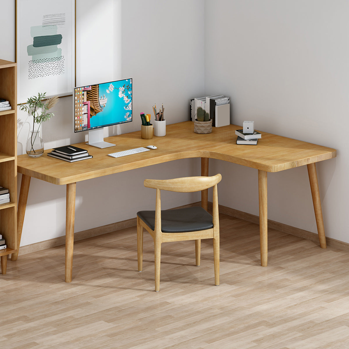 Table d'écriture en L de style moderne Bureau de travail en bois massif en bois massif