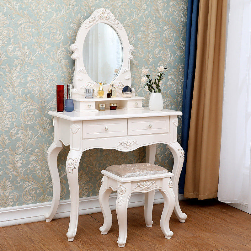 Victorian Mirrored Makeup Dressing Table Wood Stool Set in White Makeup Vanity & Mirror & Stools Clearhalo 'Bedroom Furniture' 'furn' 'furn_makeup_vanities' 'Furniture' 'Makeup Vanities' 'makeup_vanities' 6235806