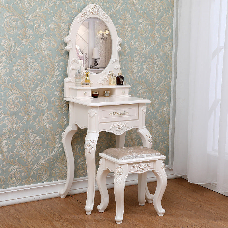 Victorian Mirrored Makeup Dressing Table Wood Stool Set in White Clearhalo 'Bedroom Furniture' 'furn' 'furn_makeup_vanities' 'Furniture' 'Makeup Vanities' 'makeup_vanities' 6235809