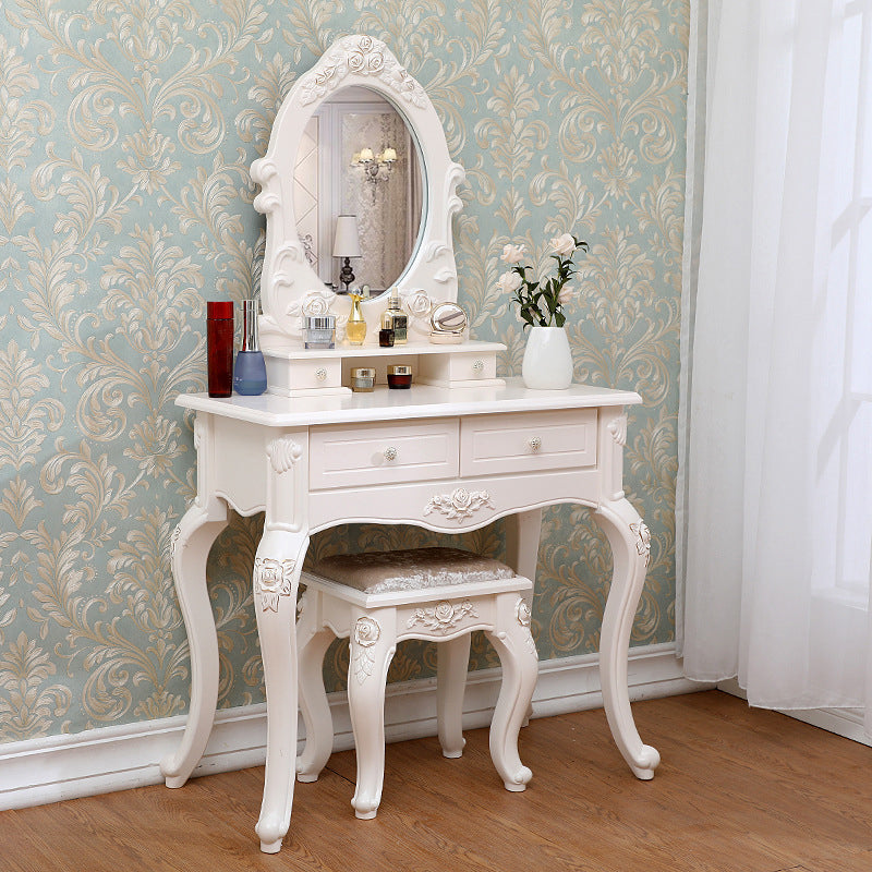 Victorian Mirrored Makeup Dressing Table Wood Stool Set in White Clearhalo 'Bedroom Furniture' 'furn' 'furn_makeup_vanities' 'Furniture' 'Makeup Vanities' 'makeup_vanities' 6235810