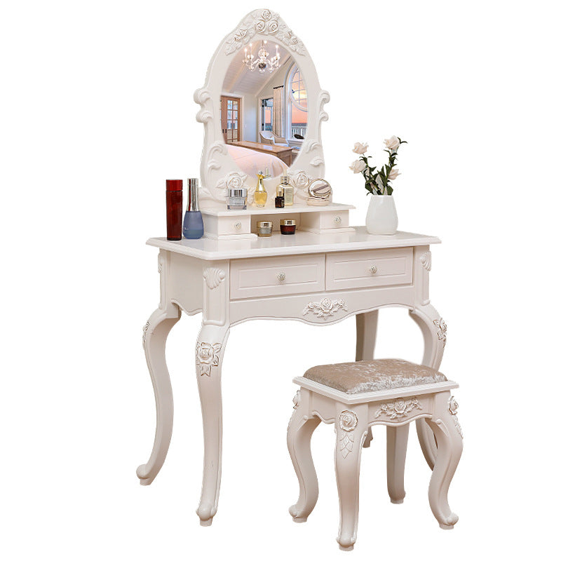 Victorian Mirrored Makeup Dressing Table Wood Stool Set in White Clearhalo 'Bedroom Furniture' 'furn' 'furn_makeup_vanities' 'Furniture' 'Makeup Vanities' 'makeup_vanities' 6235811