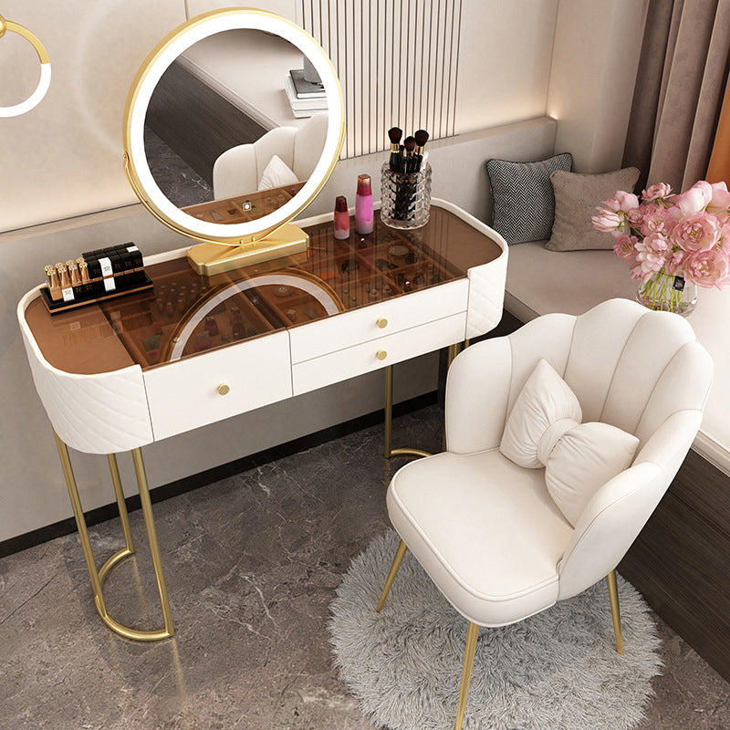 15.74" Wide Vanity Desk with 3 Storage Drawers  Glam Glass Dresser, Whit