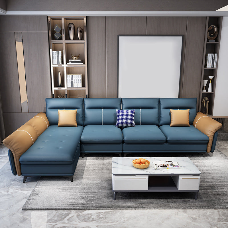 Blue 4-seater Faux Leather Tufted Pillow Top Arm Sectional Sofa Clearhalo 'furn' 'furn_sectionals' 'Furniture' 'Living Room Furniture' 'Sectionals' 6236042