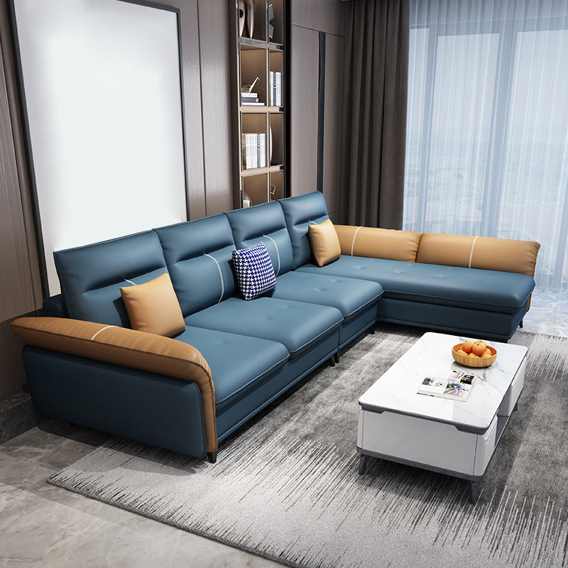 Blue 4-seater Faux Leather Tufted Pillow Top Arm Sectional Sofa Right Clearhalo 'furn' 'furn_sectionals' 'Furniture' 'Living Room Furniture' 'Sectionals' 6236045