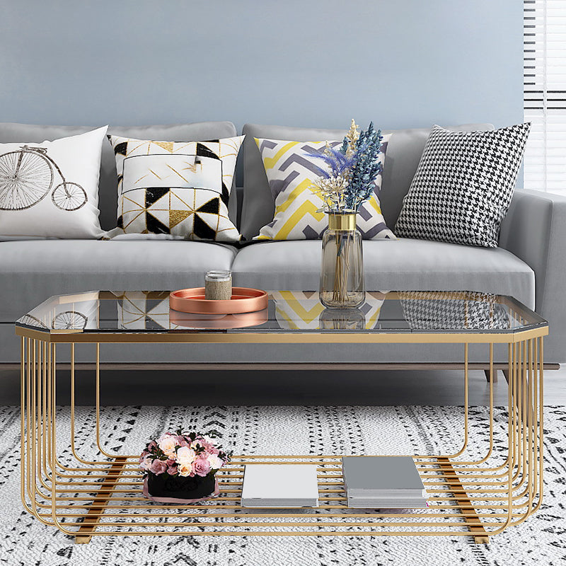 Gold Metal Frame Coffee Table Luxurious Cocktail Table with Storage 59"L x 24"W x 18"H Clear Clearhalo 'Coffee & Accent Tables' 'Coffee Tables' 'coffee_tables' 'furn' 'furn_coffee_tables' 'Furniture' 'Living Room Furniture' 6236545