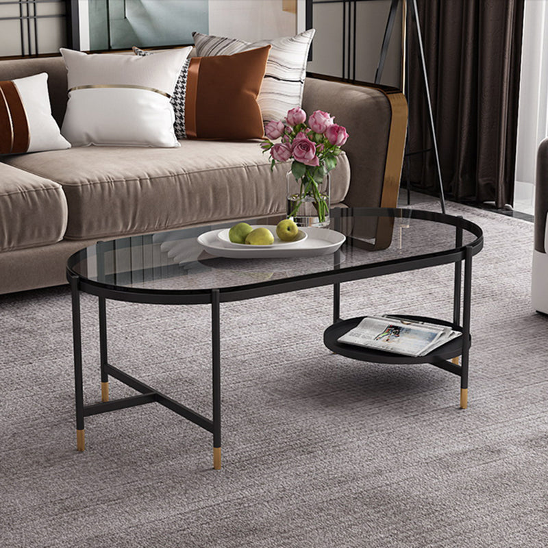 Contemporary Elliptical Glass & Slate Coffee Cocktail Table with Storage Shelf 31.5"L x 20"W x 18"H Glass Clearhalo 'Coffee & Accent Tables' 'Coffee Tables' 'coffee_tables' 'furn' 'furn_coffee_tables' 'Furniture' 'Living Room Furniture' 6236591