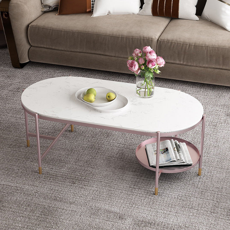 Contemporary Elliptical Glass & Slate Coffee Cocktail Table with Storage Shelf Stone Clearhalo 'Coffee & Accent Tables' 'Coffee Tables' 'coffee_tables' 'furn' 'furn_coffee_tables' 'Furniture' 'Living Room Furniture' 6236593