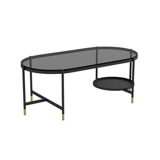 Contemporary Elliptical Glass & Slate Coffee Cocktail Table with Storage Shelf Clearhalo 'Coffee & Accent Tables' 'Coffee Tables' 'coffee_tables' 'furn' 'furn_coffee_tables' 'Furniture' 'Living Room Furniture' 6236594