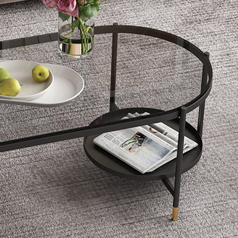Contemporary Elliptical Glass & Slate Coffee Cocktail Table with Storage Shelf Clearhalo 'Coffee & Accent Tables' 'Coffee Tables' 'coffee_tables' 'furn' 'furn_coffee_tables' 'Furniture' 'Living Room Furniture' 6236597