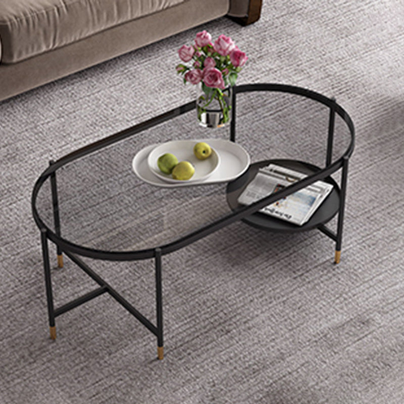 Contemporary Elliptical Glass & Slate Coffee Cocktail Table with Storage Shelf Clearhalo 'Coffee & Accent Tables' 'Coffee Tables' 'coffee_tables' 'furn' 'furn_coffee_tables' 'Furniture' 'Living Room Furniture' 6236600