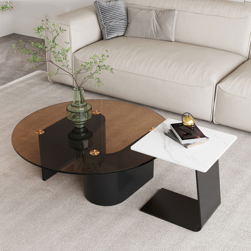 Contemporary Glass Top Round Coffee Table Abstract Cocktail Table