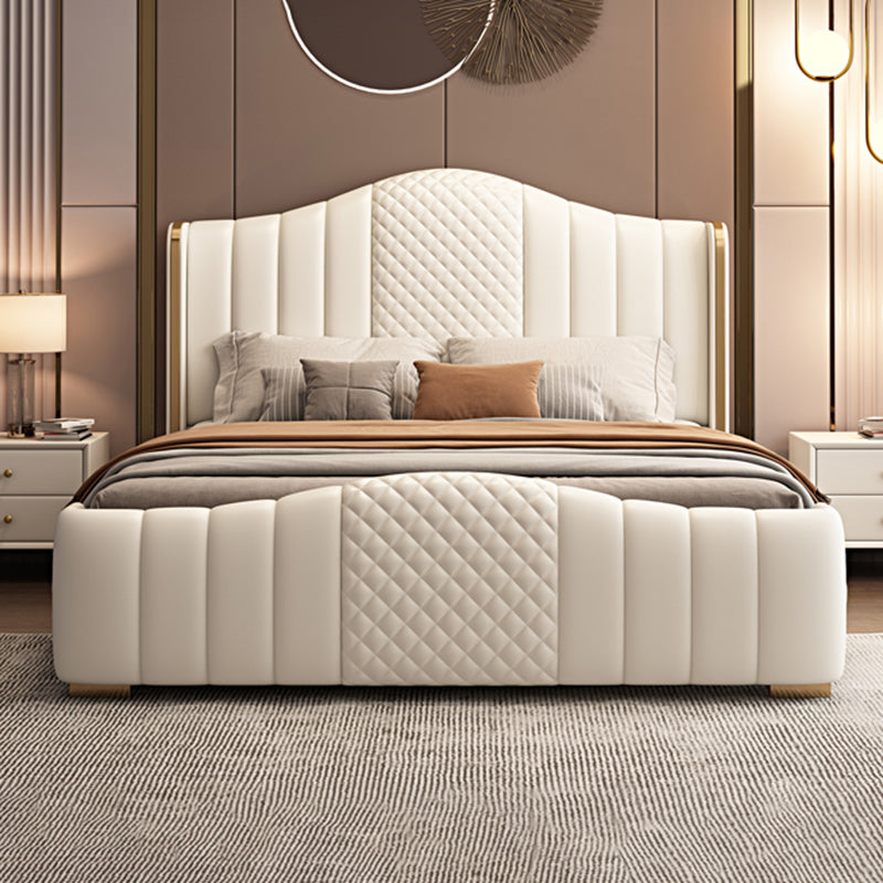 Glam Beige Standard Bed Camel Back Pine Wood and Metal Panel Bed Clearhalo 'Bedroom Furniture' 'Beds' 'furn' 'furn_beds' 'Furniture' 6237096