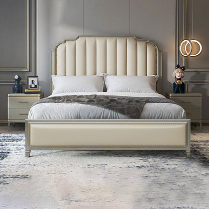 Stepped Glam Bed Frame Beech Standard Bed with Nail Head Trim Panel California King Bed & Mattress Clearhalo 'Bedroom Furniture' 'Beds' 'furn' 'furn_beds' 'Furniture' 6237176