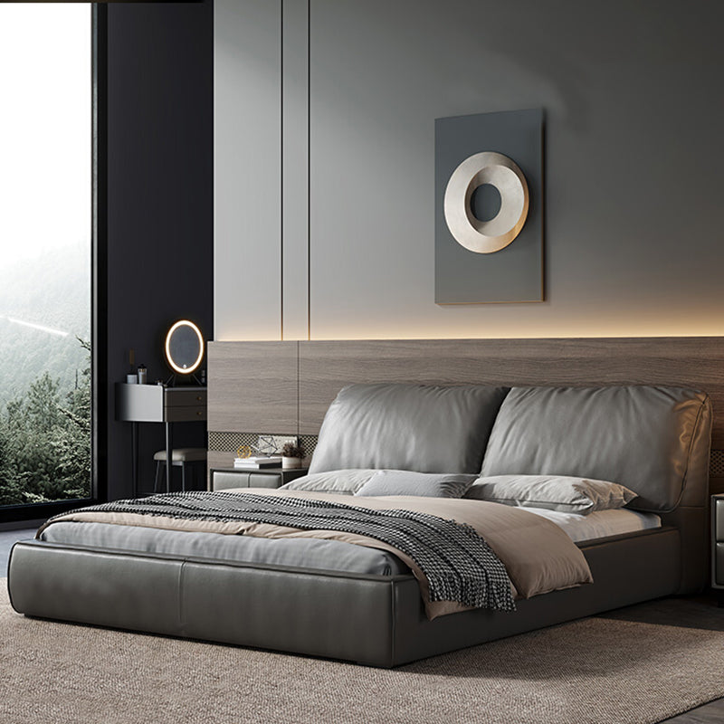 Glam Grey Bed Frame Pine Wood Upholstered Headboard Standard Bed Solid Color