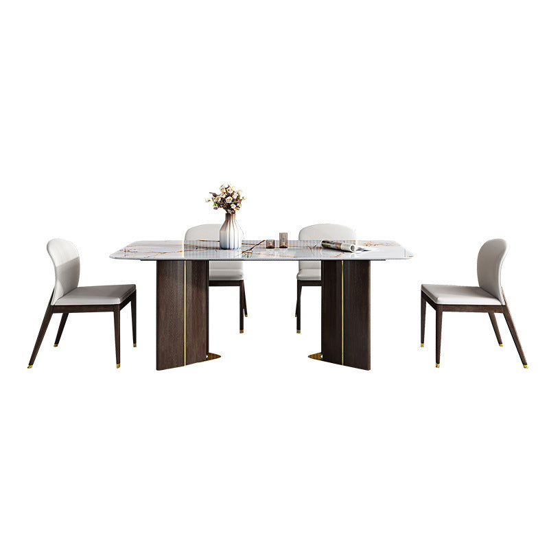 Juego de comedor rectangular de 1/4/5/6/7 piezas, mesa de comedor con tapa de piedra sinterizada y sillas de cuero