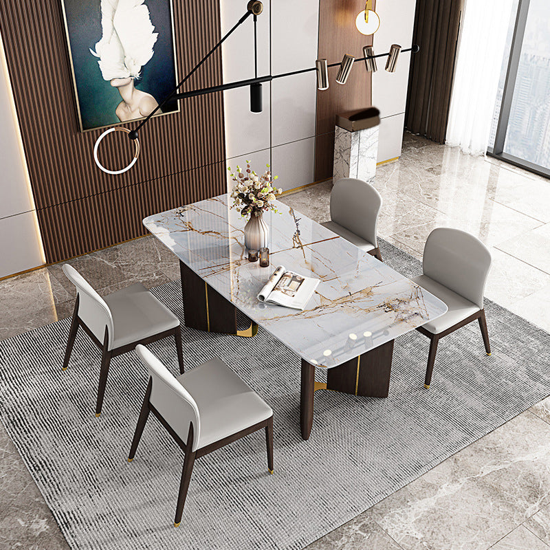 Juego de comedor rectangular de 1/4/5/6/7 piezas, mesa de comedor con tapa de piedra sinterizada y sillas de cuero