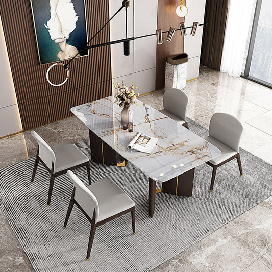 1/4/5/6/7ピース長方形のダイニングセット焼結ストーントップダイニングテーブルと革張りの椅子