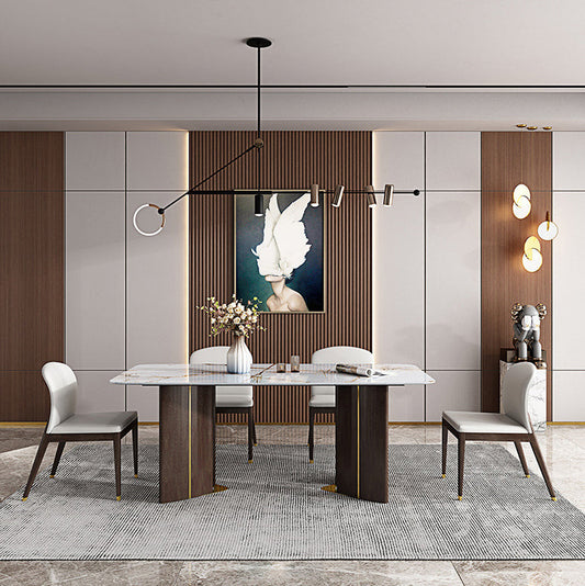 1/4/5/6/7ピース長方形のダイニングセット焼結ストーントップダイニングテーブルと革張りの椅子