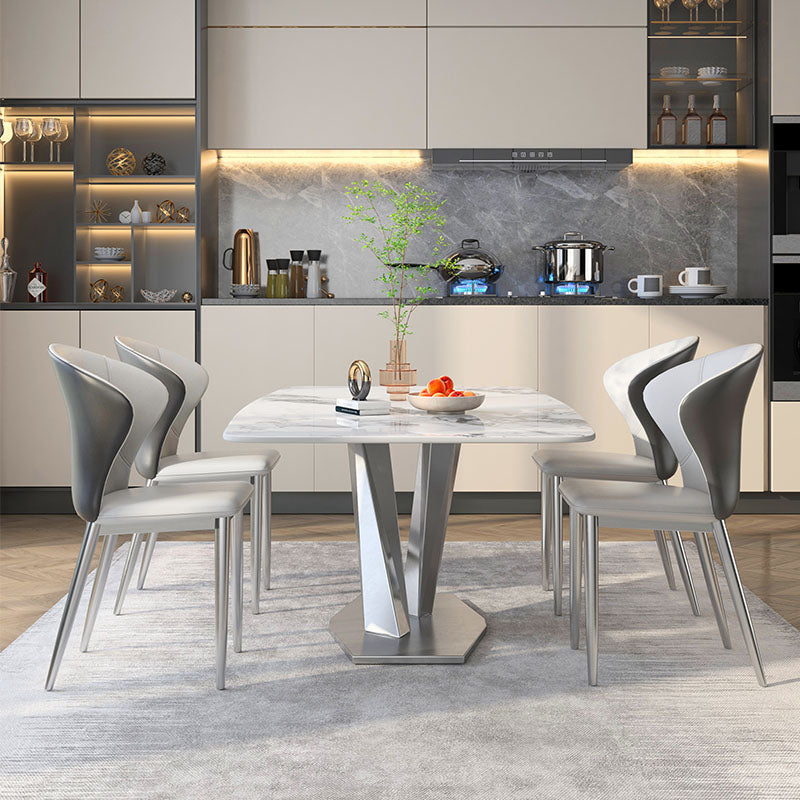 Juego de encimera de piedra sinterizada, mesa de comedor rectangular de 1/4/5/7 piezas y sillas de cuero con respaldo orejero