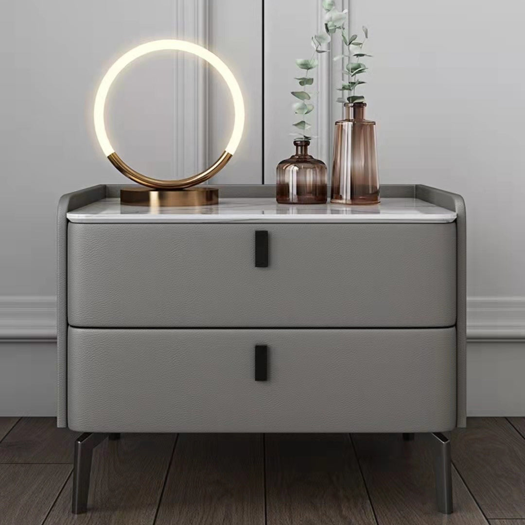 Modern Bed Nightstand Stone Accent Table Nightstand Cabinet with 2-drawer Grey 1 Piece Clearhalo 'Bedroom Furniture' 'furn' 'furn_night_stand' 'Furniture' 'night_stand' 'Nightstands' 6241499