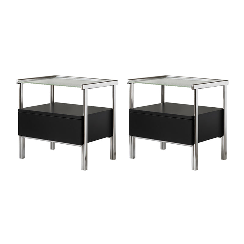 1 Drawer Glass Top Night Table Modern Mirrored Nightstand with Legs .19.7" Tall 20"L x 16"W x 20"H Gray Black 2 Piece Set Clearhalo 'Bedroom Furniture' 'furn' 'furn_night_stand' 'Furniture' 'night_stand' 'Nightstands' 6241559
