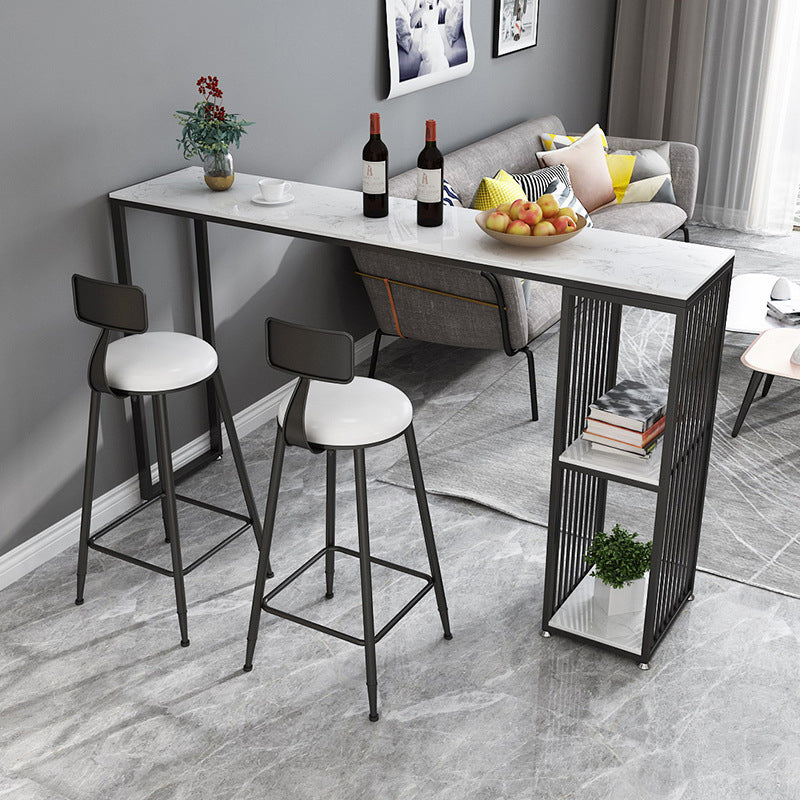 Modern Rectangle Stone Bar Table Metal Base Dining Table with Storage Shelves 70.9"L x 15.7"W x 41.3"H Black Without Chairs Clearhalo 'Bar Furniture' 'Bar Tables' 'bar_tables' 'furn' 'furn_bar_tables' 'Furniture' 'Kitchen & Dining Furniture' 6246948