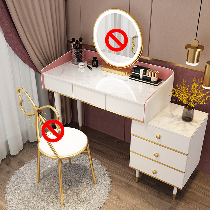 Glam Vanity Table Stone Top 15.75" W Makeup Desk with Drawers 39"L x 16"W x 31"H Pink-White Clearhalo 'Bedroom Furniture' 'furn' 'furn_makeup_vanities' 'Furniture' 'Makeup Vanities' 'makeup_vanities' 6253037