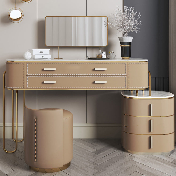 Tavolo da toeletta per trucco a specchio lussuoso sgabello in pietra set in marrone