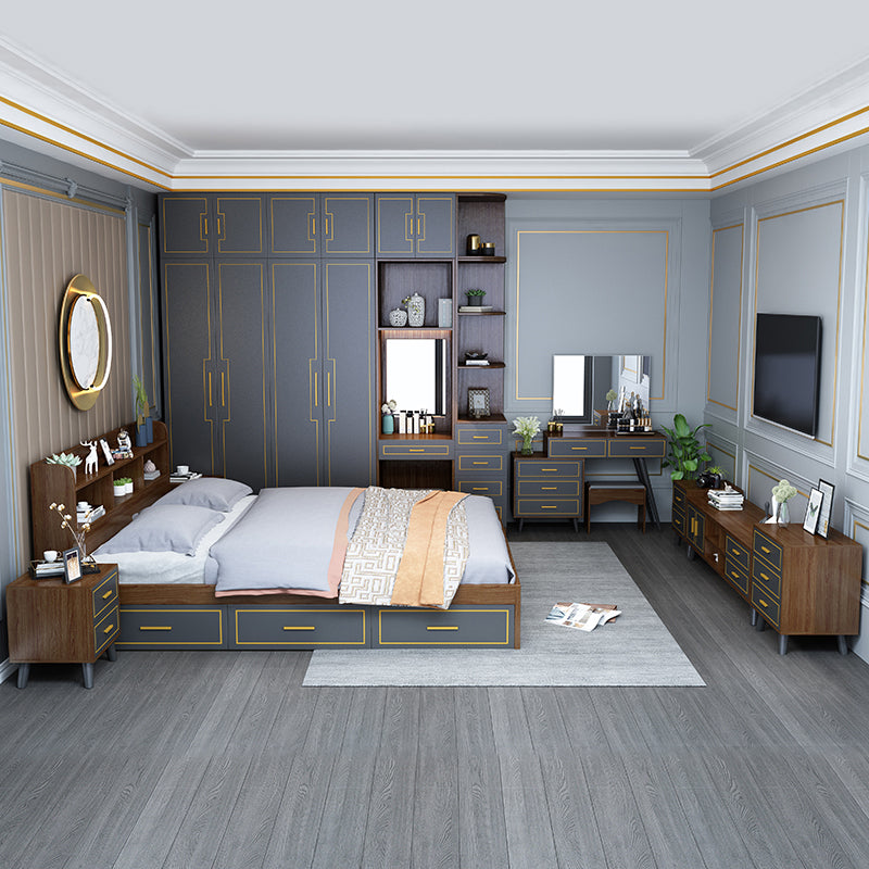 Brown Finish Standard Bed with Headboard Panel Bed Lift Up Storage