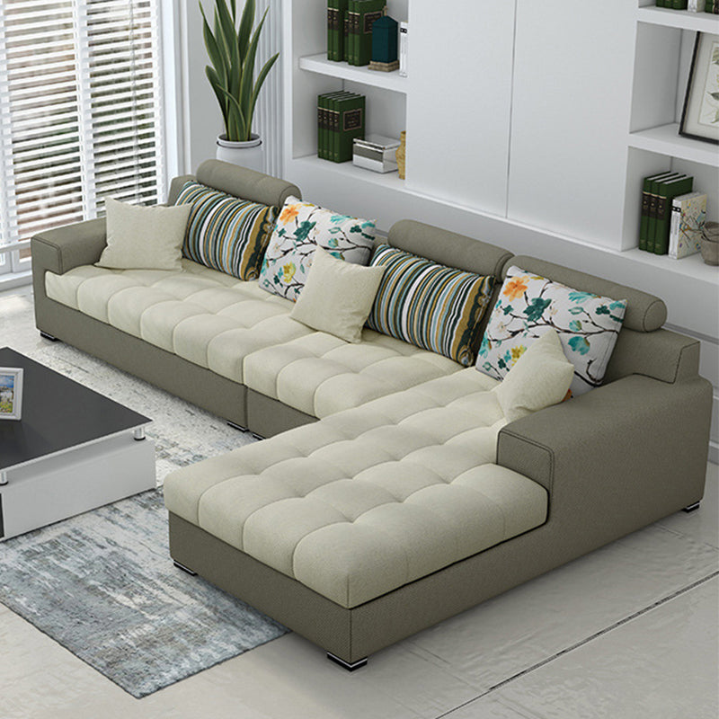 Slipcovered Square Arm Sectional Modern Fabric 4-seater Sectional Khaki Right Clearhalo 'furn' 'furn_sectionals' 'Furniture' 'Living Room Furniture' 'Sectionals' 6254099