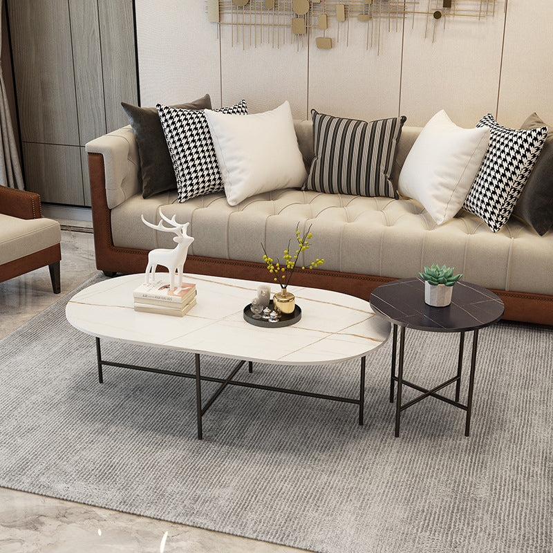 Glam Cocktail Table 4 Legs Slate Round/Oval Coffee Table Set 47"L x 24"W x 16"H + 20"L x 20"W x 20"H White Black Clearhalo 'Coffee & Accent Tables' 'Coffee Tables' 'coffee_tables' 'furn' 'furn_coffee_tables' 'Furniture' 'Living Room Furniture' 6254390