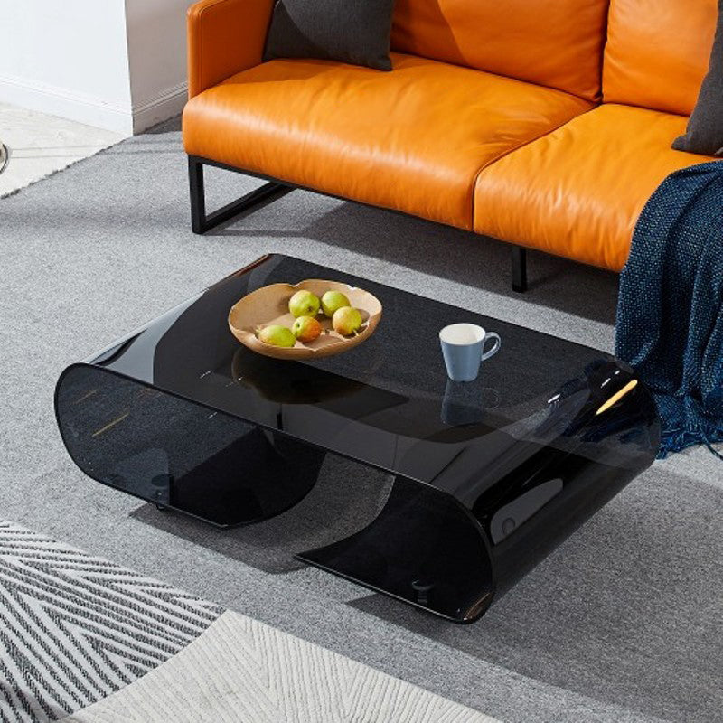 Geometric Glass Coffee Table with Casters Contemporary Shelf Included Cocktail Table 35.5"L x 20"W x 16"H Black Clearhalo 'Coffee & Accent Tables' 'Coffee Tables' 'coffee_tables' 'furn' 'furn_coffee_tables' 'Furniture' 'Living Room Furniture' 6254467