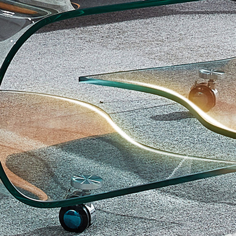 Geometric Glass Coffee Table with Casters Contemporary Shelf Included Cocktail Table Clearhalo 'Coffee & Accent Tables' 'Coffee Tables' 'coffee_tables' 'furn' 'furn_coffee_tables' 'Furniture' 'Living Room Furniture' 6254470