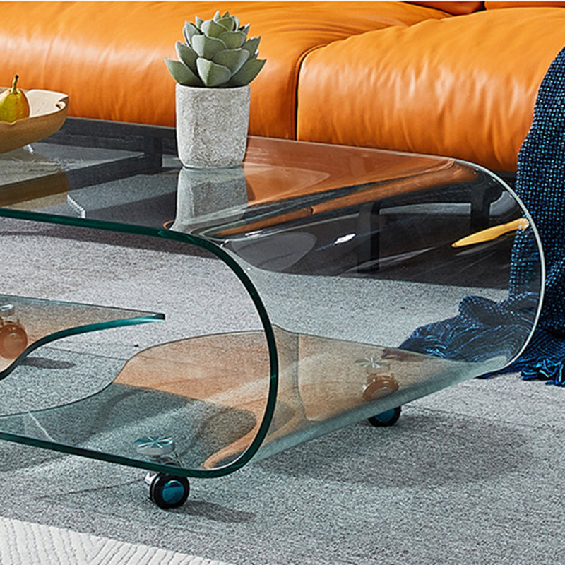 Geometric Glass Coffee Table with Casters Contemporary Shelf Included Cocktail Table Clearhalo 'Coffee & Accent Tables' 'Coffee Tables' 'coffee_tables' 'furn' 'furn_coffee_tables' 'Furniture' 'Living Room Furniture' 6254471