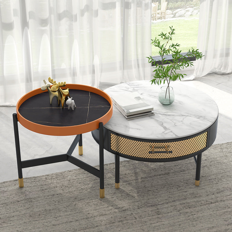 Luxurious Slate Round Top Coffee Table Set with Storage Drawer 20"L x 20"W x 22"H + 20"L x 20"W x 18"H Clearhalo 'Coffee & Accent Tables' 'Coffee Tables' 'coffee_tables' 'furn' 'furn_coffee_tables' 'Furniture' 'Living Room Furniture' 6254539