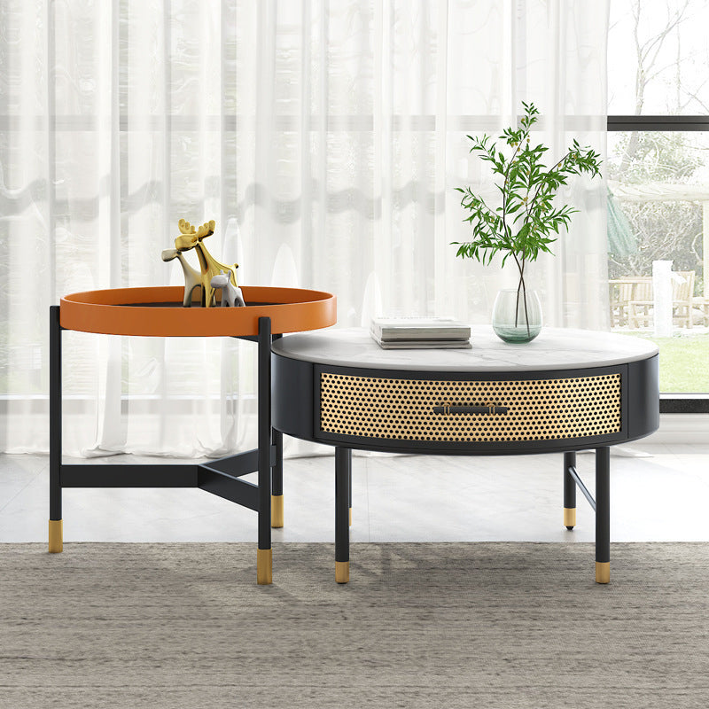 Luxurious Slate Round Top Coffee Table Set with Storage Drawer 24"L x 24"W x 18"H + 20"L x 20"W x 22"H Clearhalo 'Coffee & Accent Tables' 'Coffee Tables' 'coffee_tables' 'furn' 'furn_coffee_tables' 'Furniture' 'Living Room Furniture' 6254540