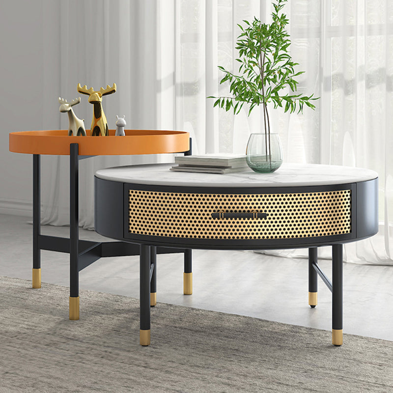 Luxurious Slate Round Top Coffee Table Set with Storage Drawer 31"L x 31"W x 18"H + 20"L x 20"W x 22"H Clearhalo 'Coffee & Accent Tables' 'Coffee Tables' 'coffee_tables' 'furn' 'furn_coffee_tables' 'Furniture' 'Living Room Furniture' 6254541